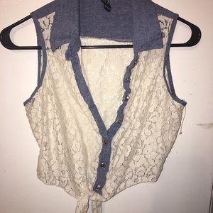 💫Windsor Lace & Denim Tie-Up Crop Top